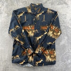 Bluff Creek Outfitters Button-Down Shirt Men M Black Buck Deer Print Long Sleeve